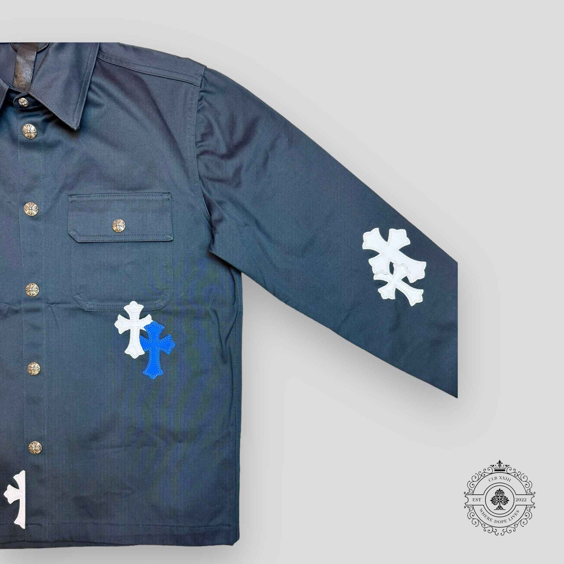 Chrome Hearts Cross Patch Work Dog Shirt in Navy Blue