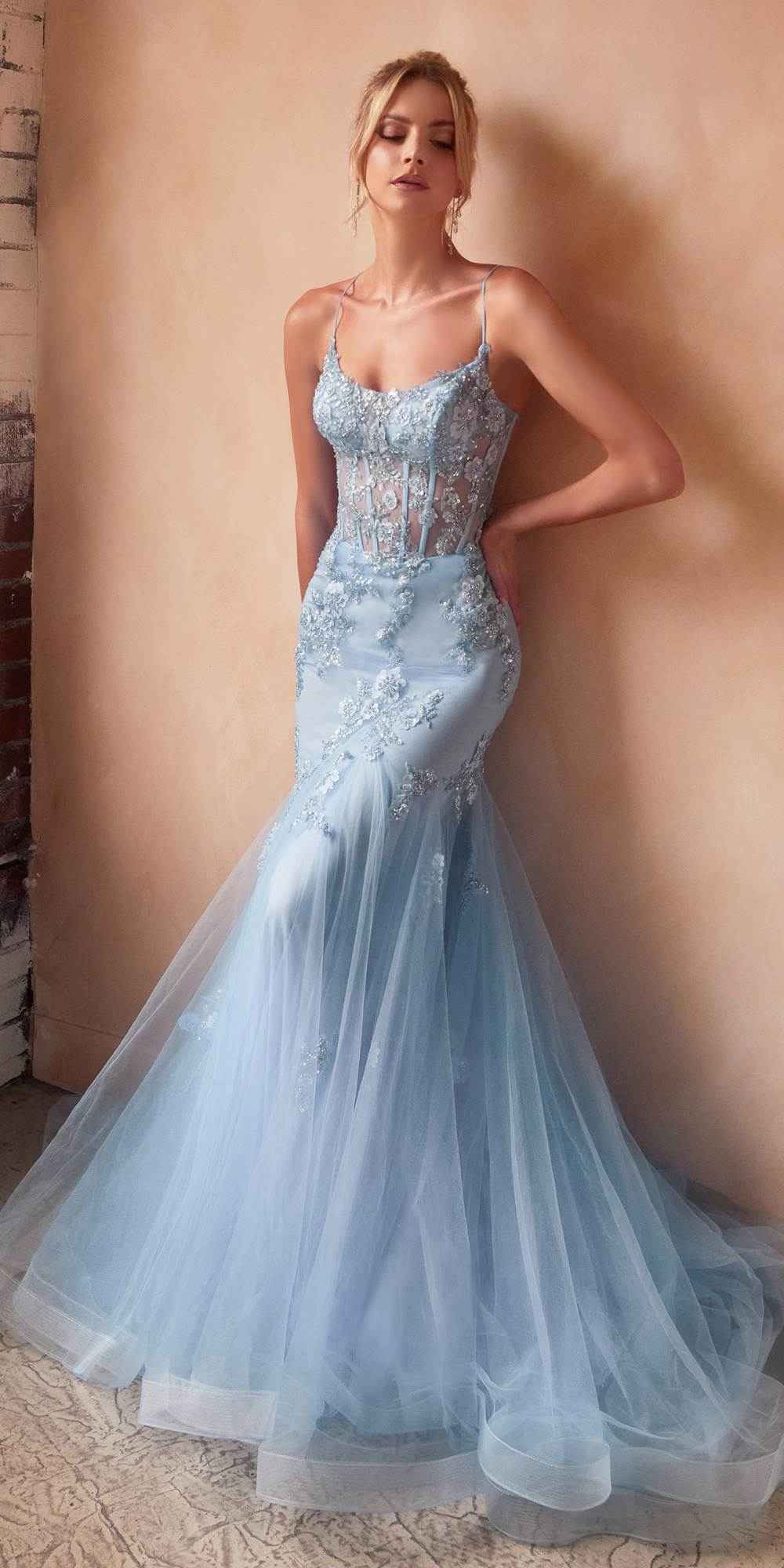 Ladivine D145 Long Sparkly Mermaid Gown Tulle Skirt Corset Back