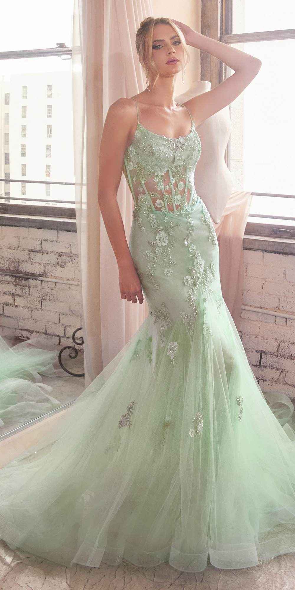 Ladivine D145 Long Sparkly Mermaid Gown Tulle Skirt Corset Back