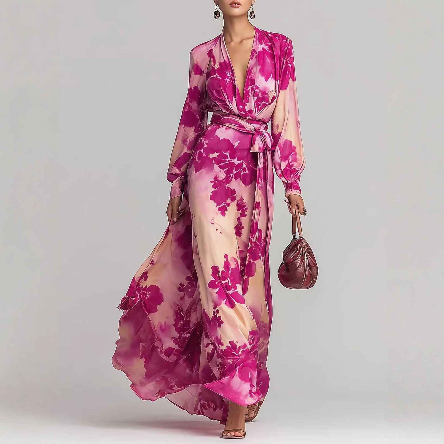Printed Chiffon Long Sleeve V-Neck Tie-Up Dress Elegant Chic Spring New Long Dress