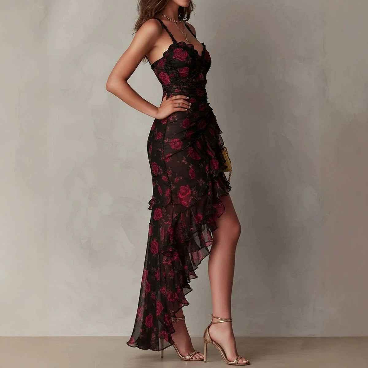 Style Floral Print Strap Irregular Ruffle Hem A-Line Dress