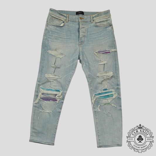 Amiri Watercolor Patch Jeans in Light Wash/Multicolor