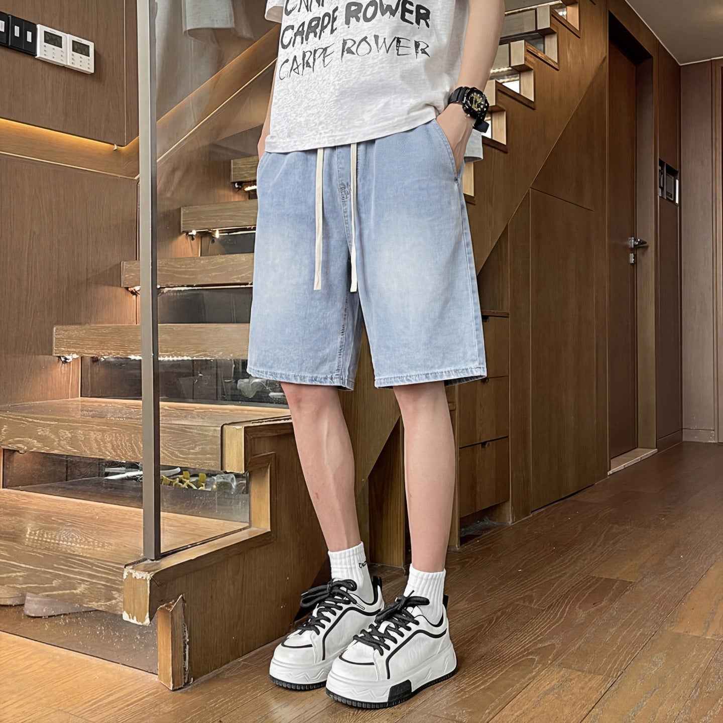 Ice Silk Denim Shorts Men's Five-Quarter Pants