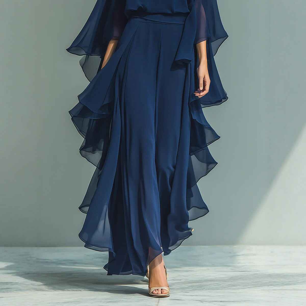 Deep Blue Ruffle Wide-Leg Pants Set for Women, Fashion Elegant Two-Piece Long Sleeve Casual Pants