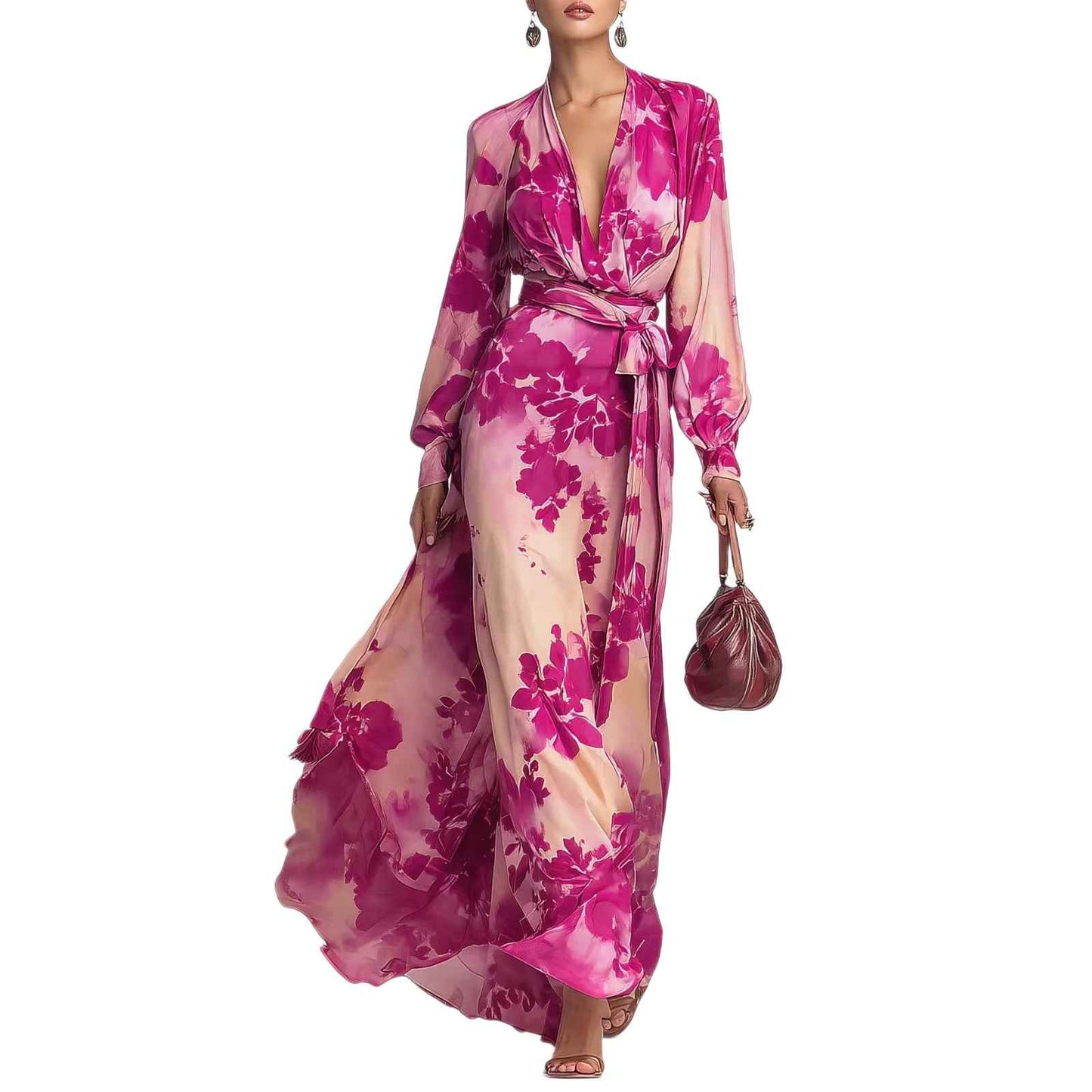 Printed Chiffon Long Sleeve V-Neck Tie-Up Dress Elegant Chic Spring New Long Dress