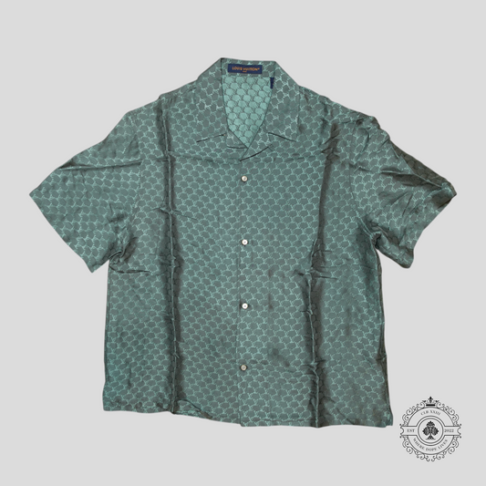 Louis Vuitton Monogram Jacquard Button Up Silk Blend Shirt in Grey/Blue