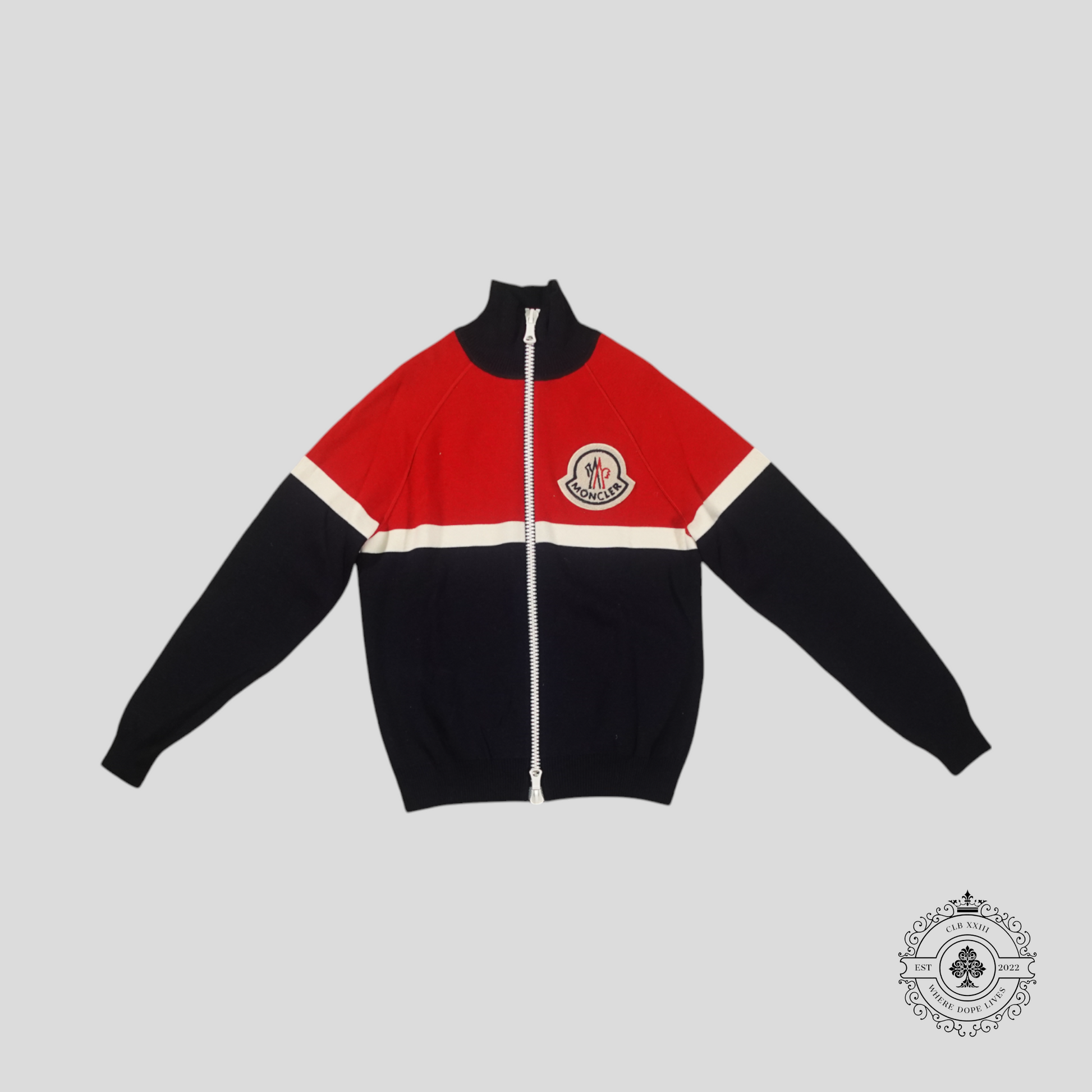 Moncler Logo Patch Maglion Zip Up Cardigan in Navy Blue/Red