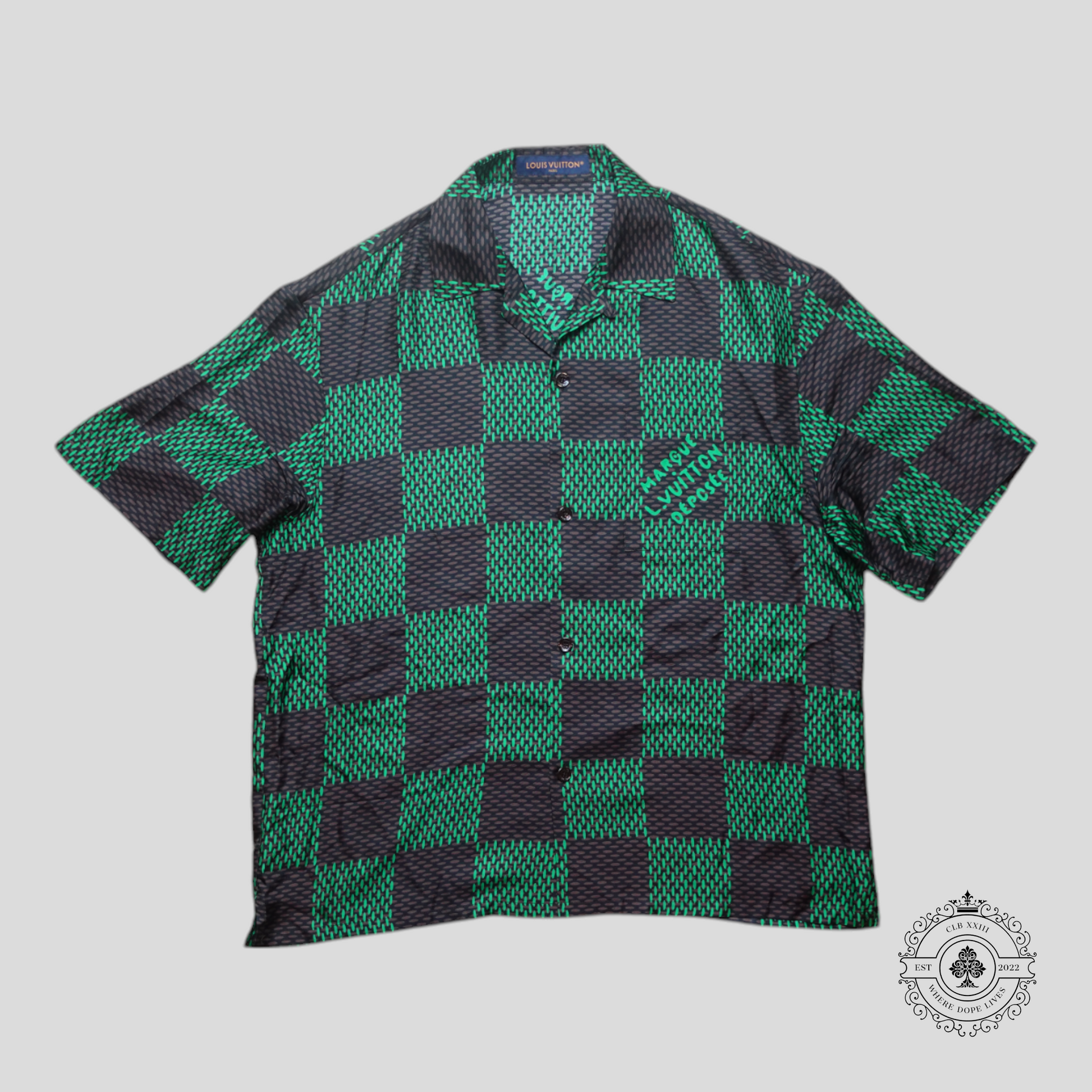 Louis Vuitton Damier Silk Button Up Shirt in Black/Brown/Green