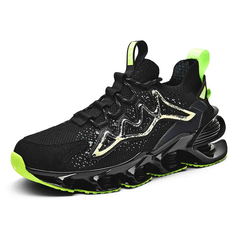 Nova Sole T84 Sneakers - LUXURYURBANWEAR angled view in black and neon green, highlighting mesh texture and dynamic sole design.