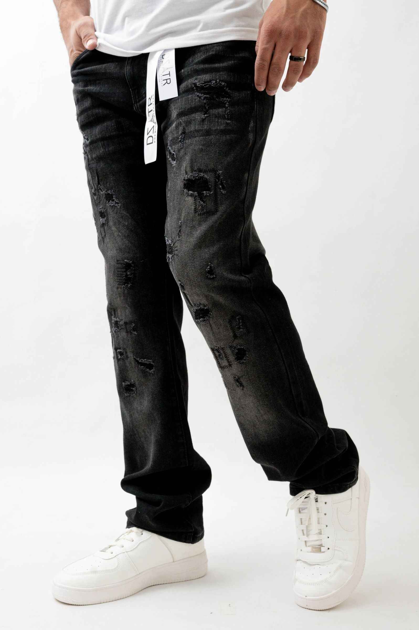 Premium Disaster Super Stretch Straight Fit Denim Jeans - Washed Black