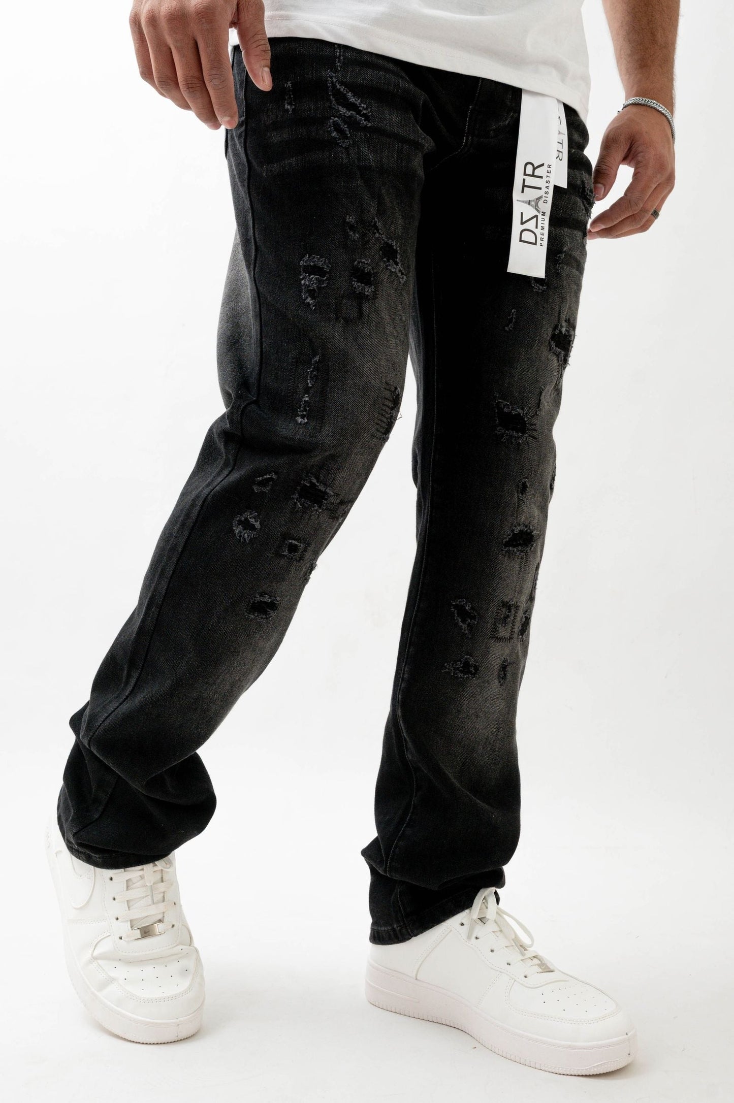 Premium Disaster Super Stretch Straight Fit Denim Jeans - Washed Black