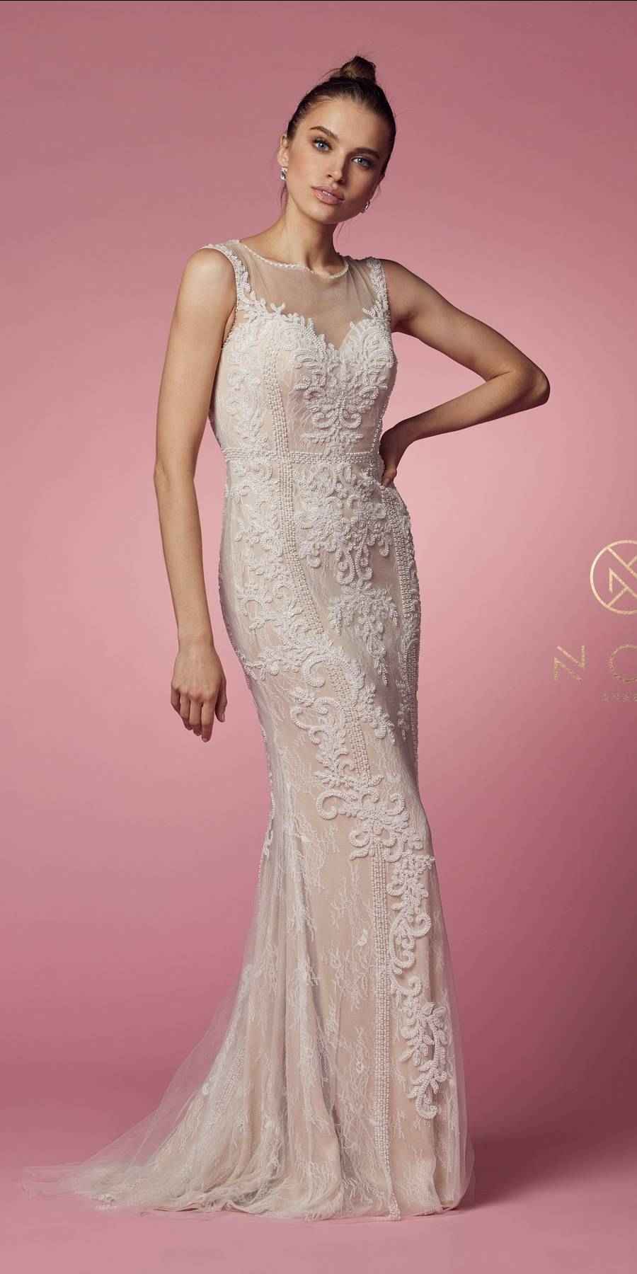 Nox Anabel E1006 Fitted Sheath Formal Lace Dress with Illusion Neckline