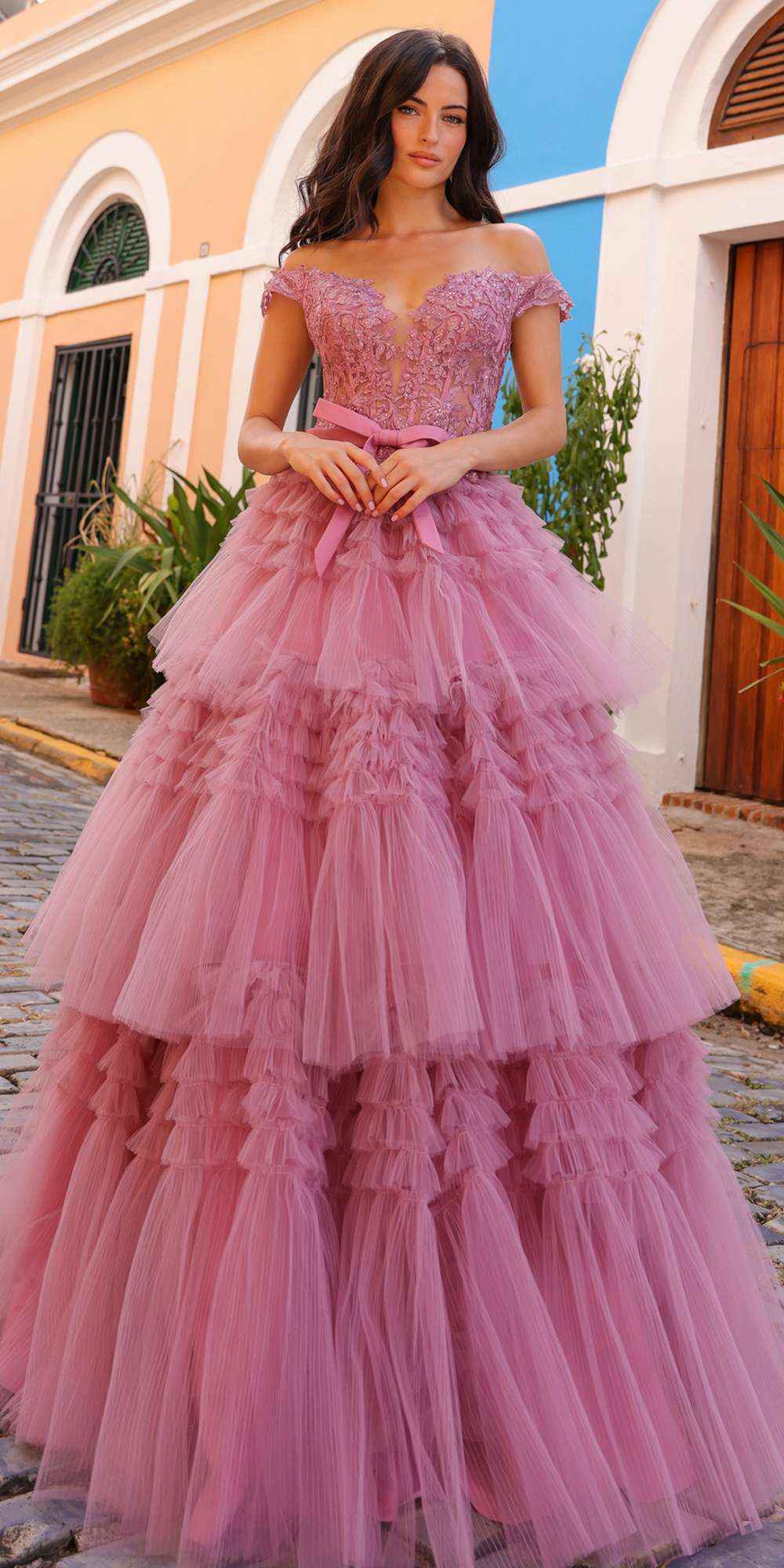 Nox Anabel E1293 Long Off the Shoulder Sweetheart Ruffled Tiered Tulle Gown