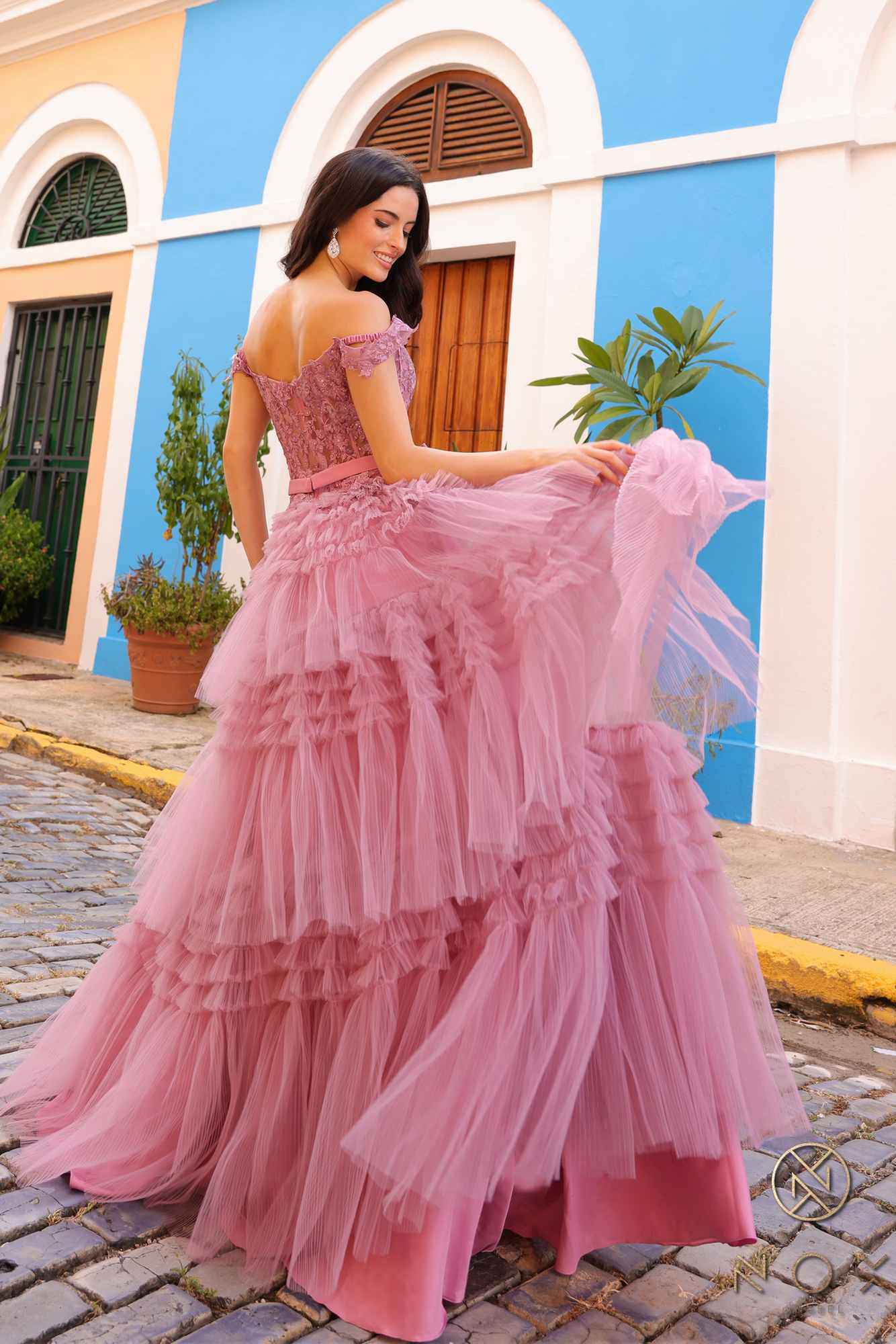 Nox Anabel E1293 Long Off the Shoulder Sweetheart Ruffled Tiered Tulle Gown