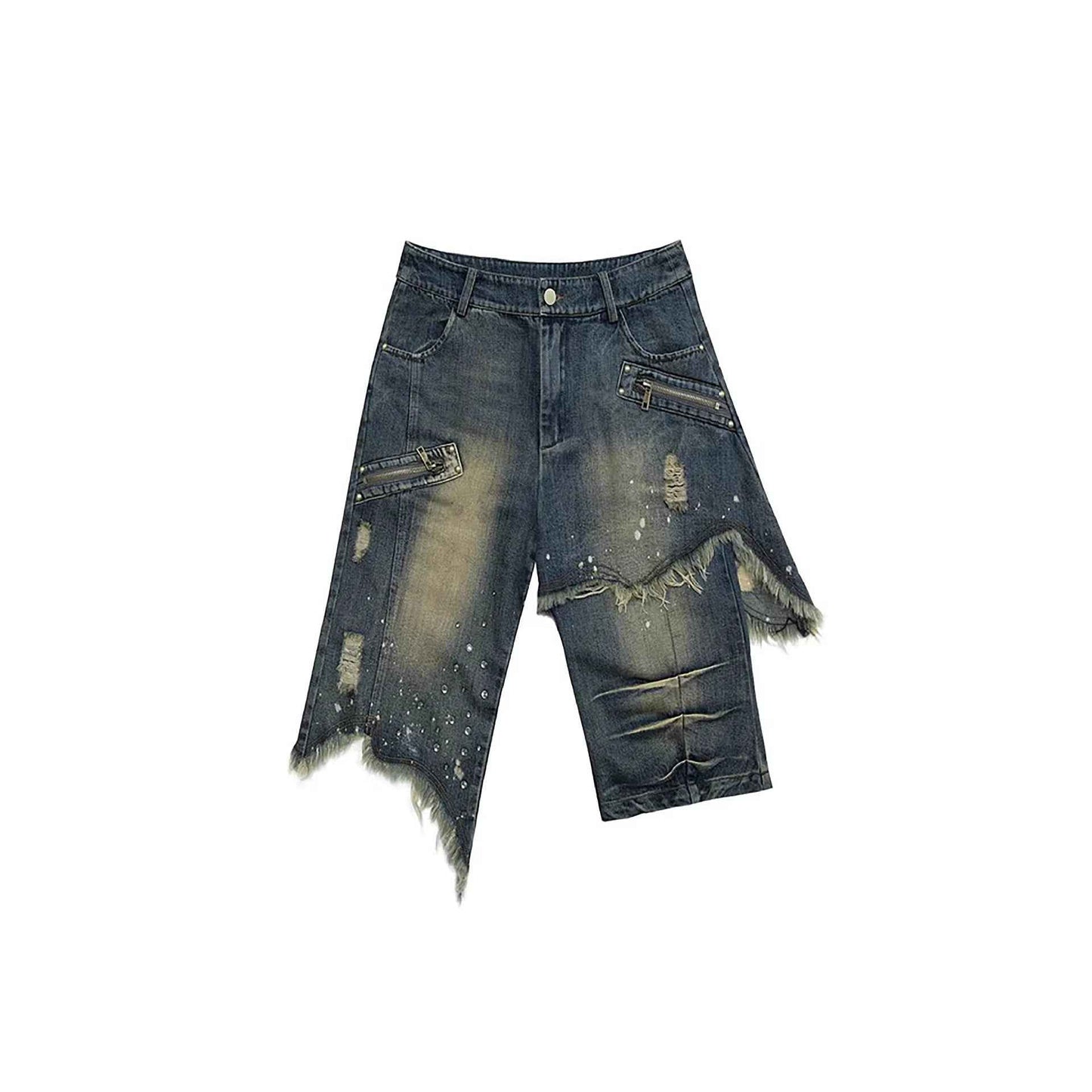 Street Style Asymmetric Frayed Hem Five-Pocket Denim Shorts