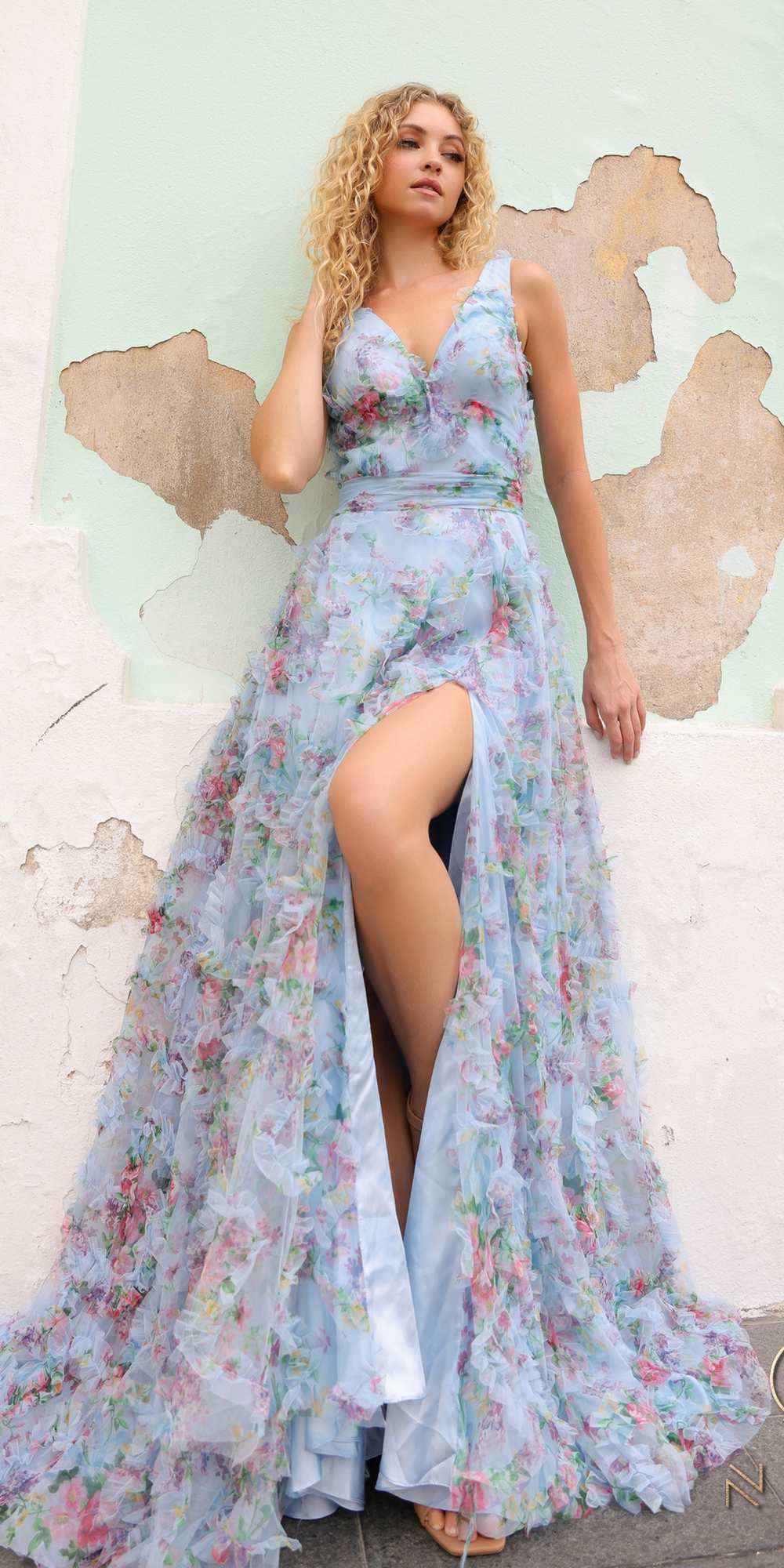 Nox Anabel E1445 Long A-Line V-Neck Floral Print Evening Gown