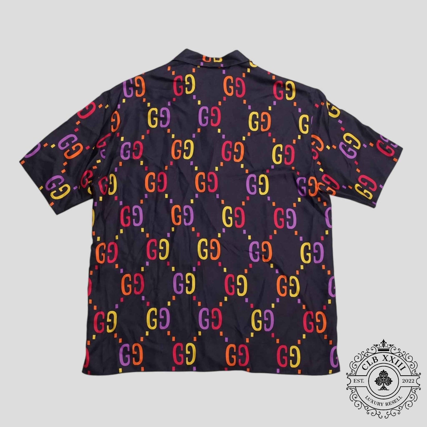 Gucci Jumbo GG Silk Button Up Shirt in Navy Blue/Multicolor