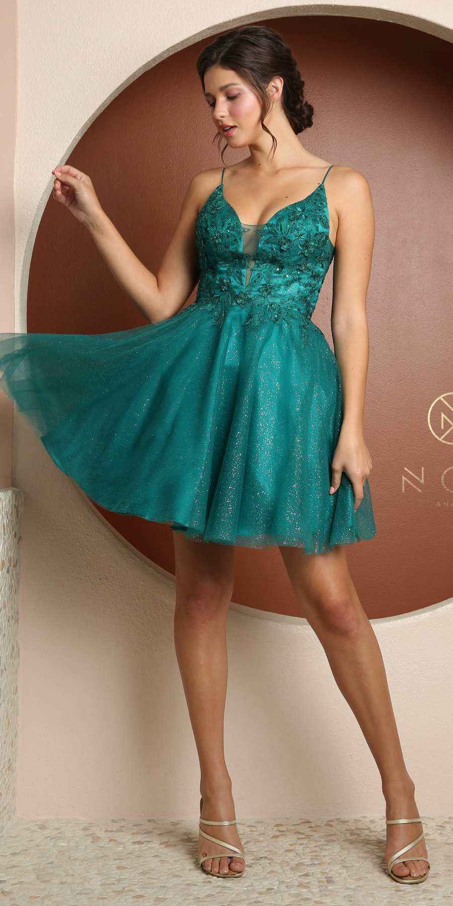 Nox Anabel E779 Plunging V-Neck Embroidered Bodice Short Dress