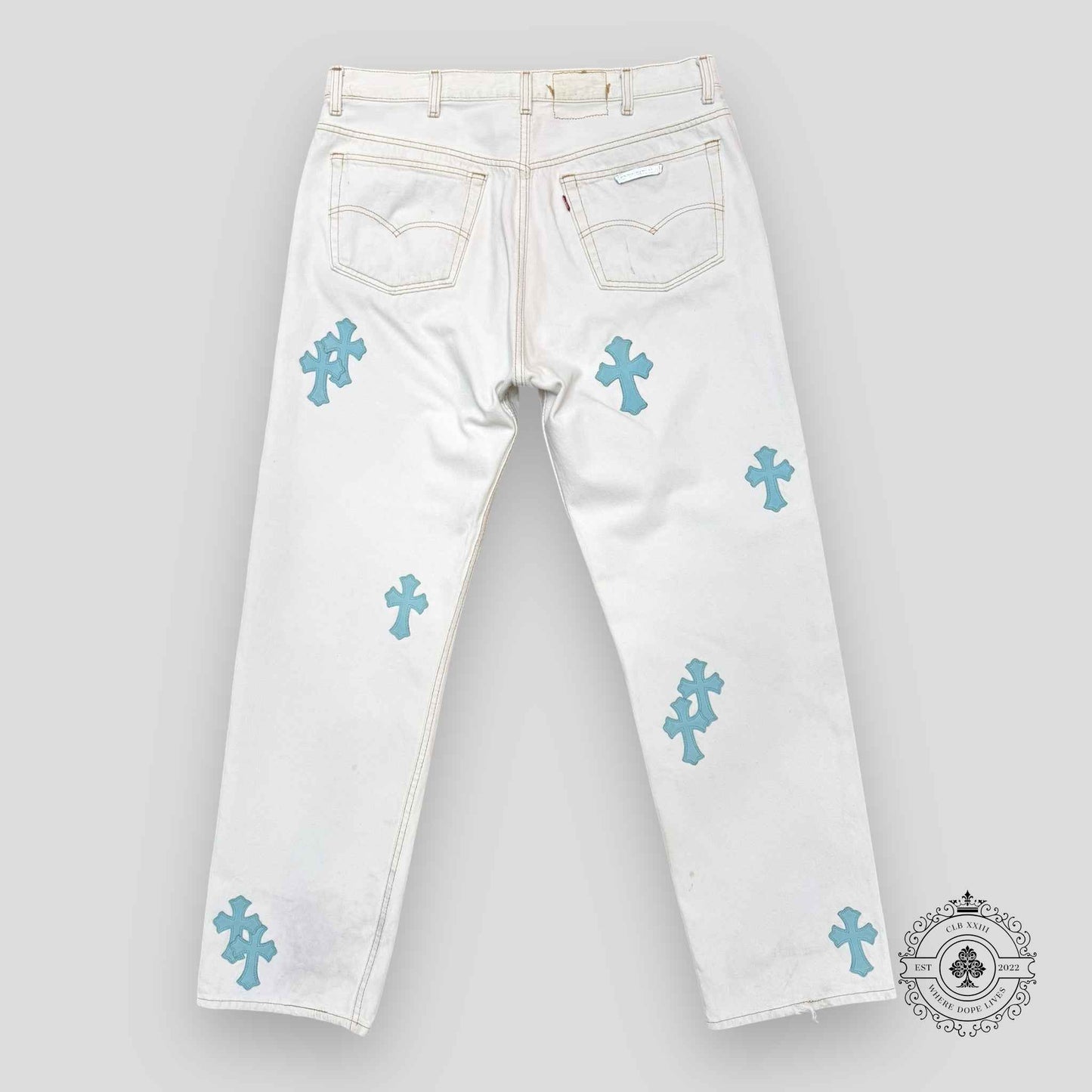 Chrome Hearts Cross Patch Jeans in White / Blue