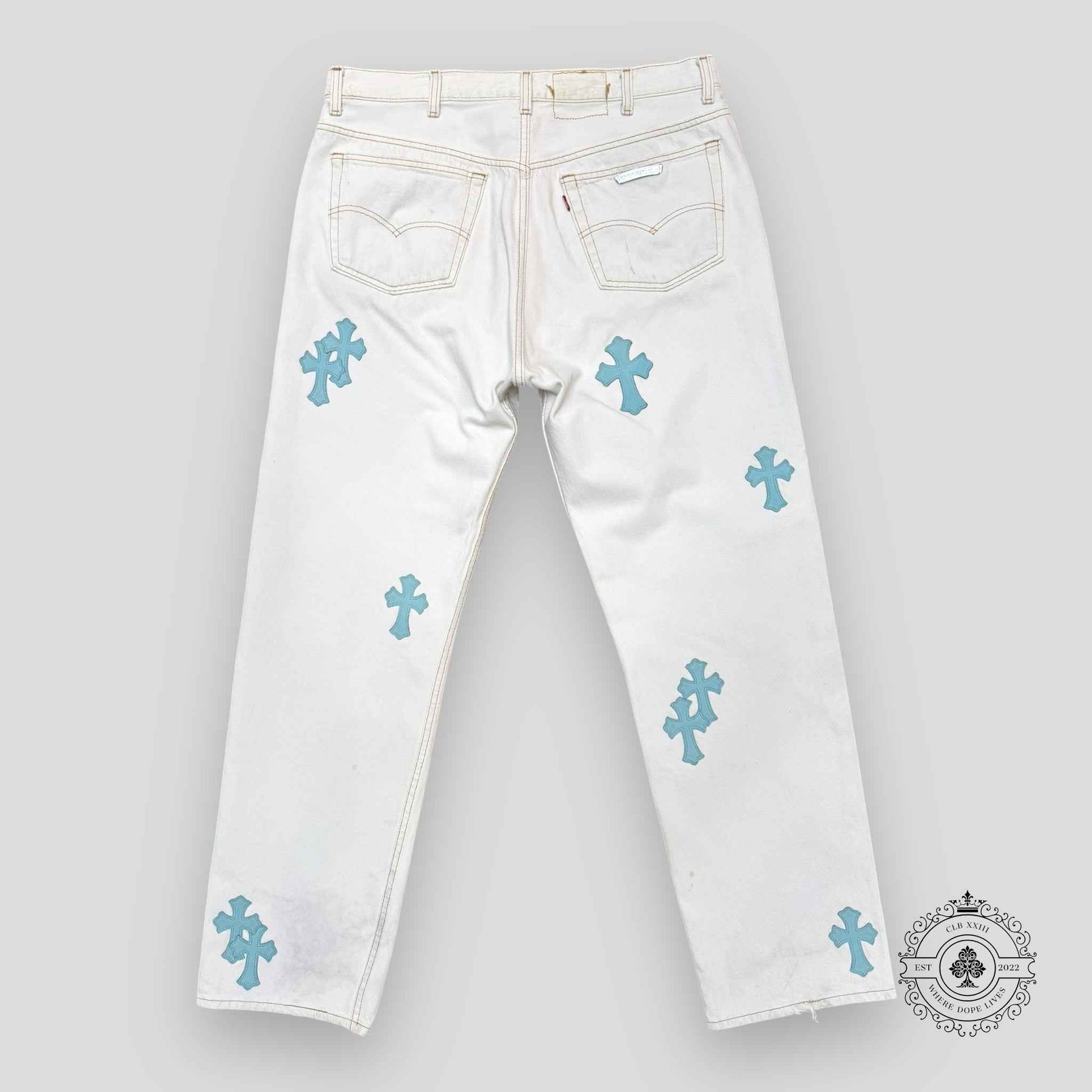 Chrome Hearts Cross Patch Jeans in White / Blue