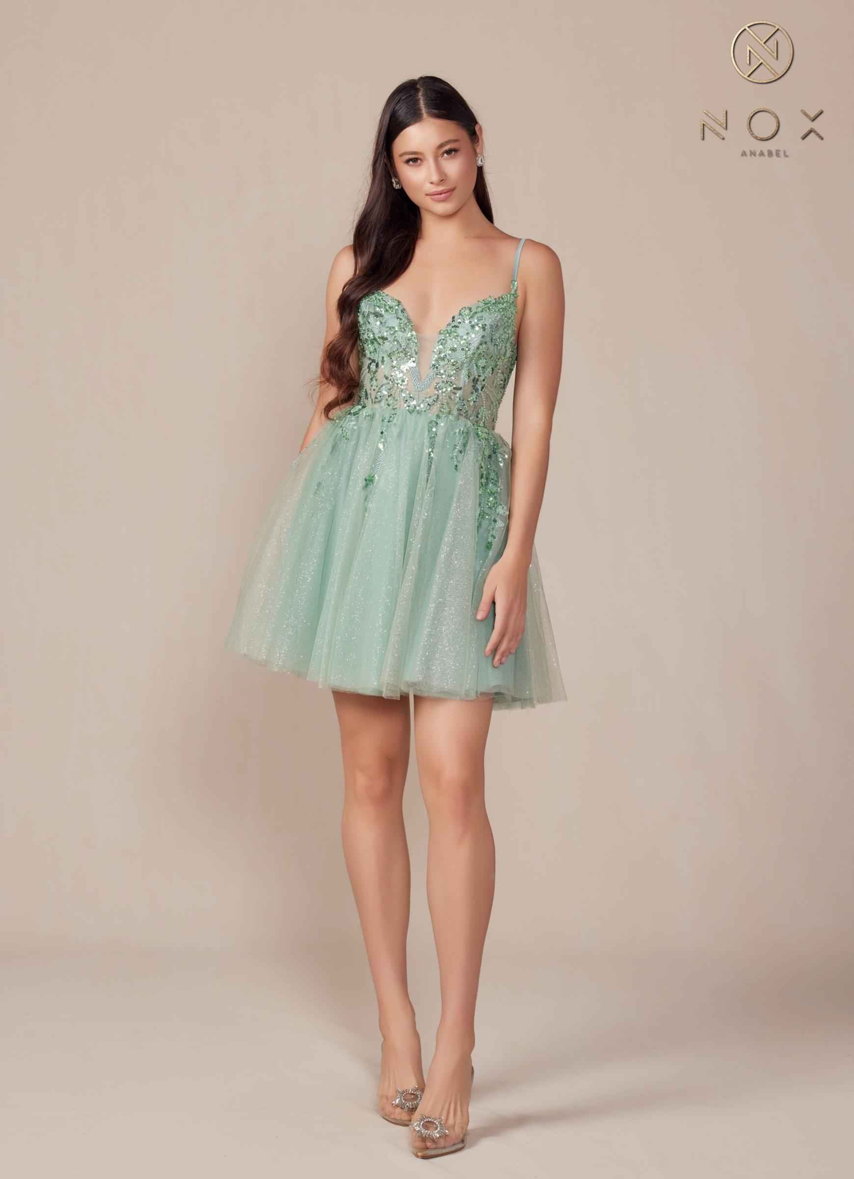 Nox Anabel E902 Short A-Line Applique Sleeveless Homecoming Dress