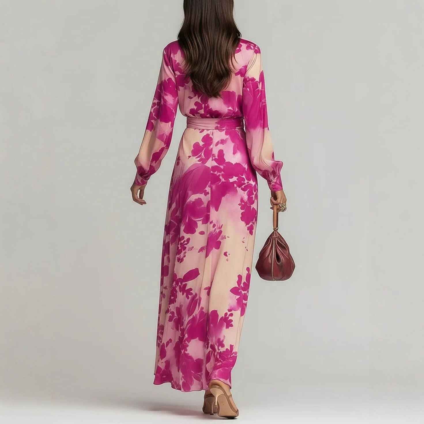 Printed Chiffon Long Sleeve V-Neck Tie-Up Dress Elegant Chic Spring New Long Dress