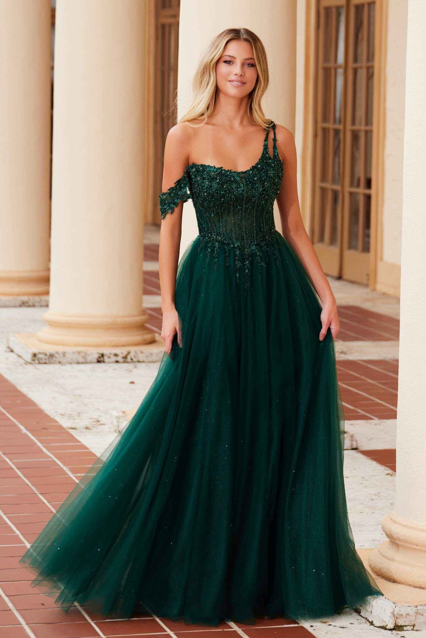 Nox Anabel F1567 Embroidered A-Line Sheer Boned Waistline Dress