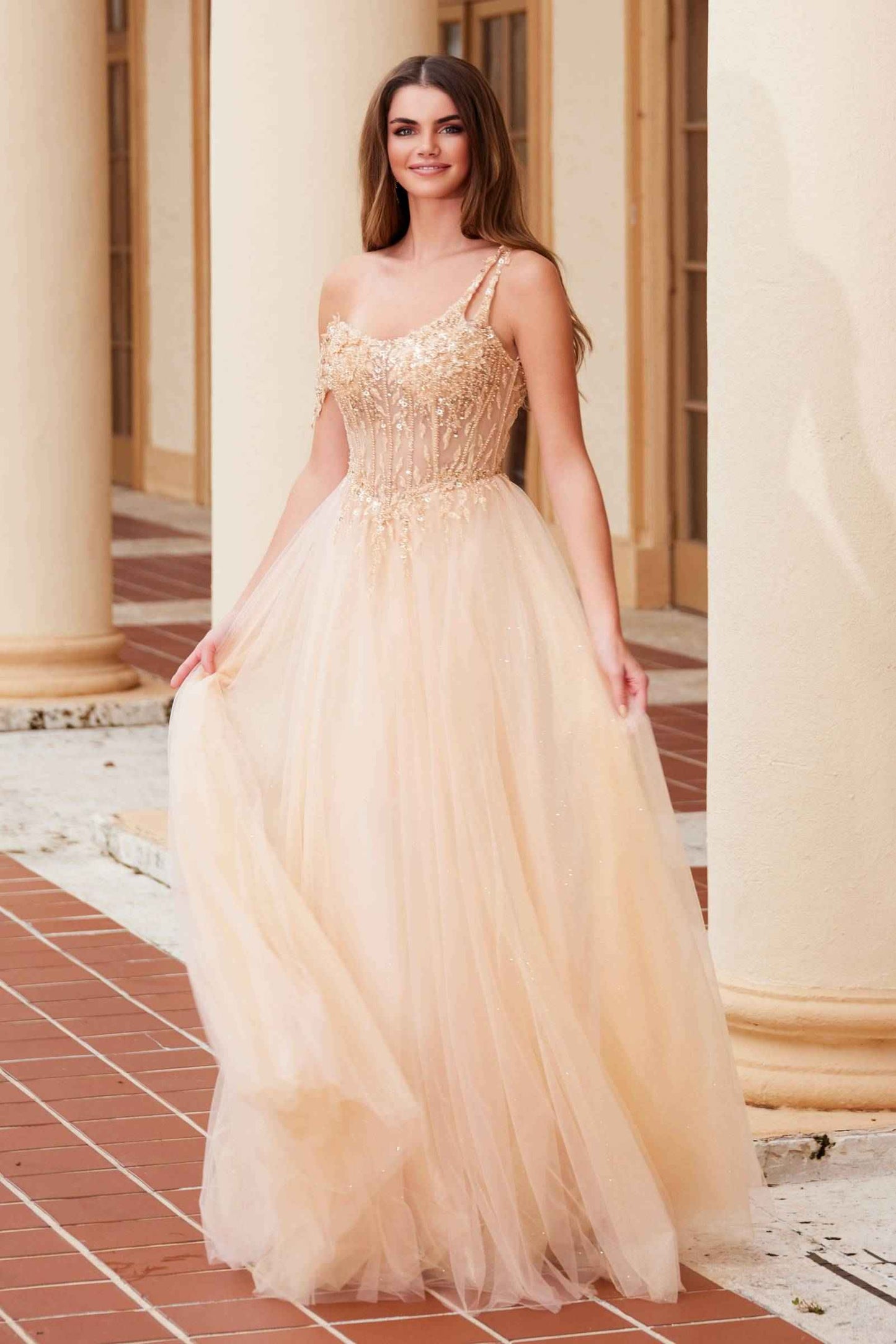 Nox Anabel F1567 Embroidered A-Line Sheer Boned Waistline Dress