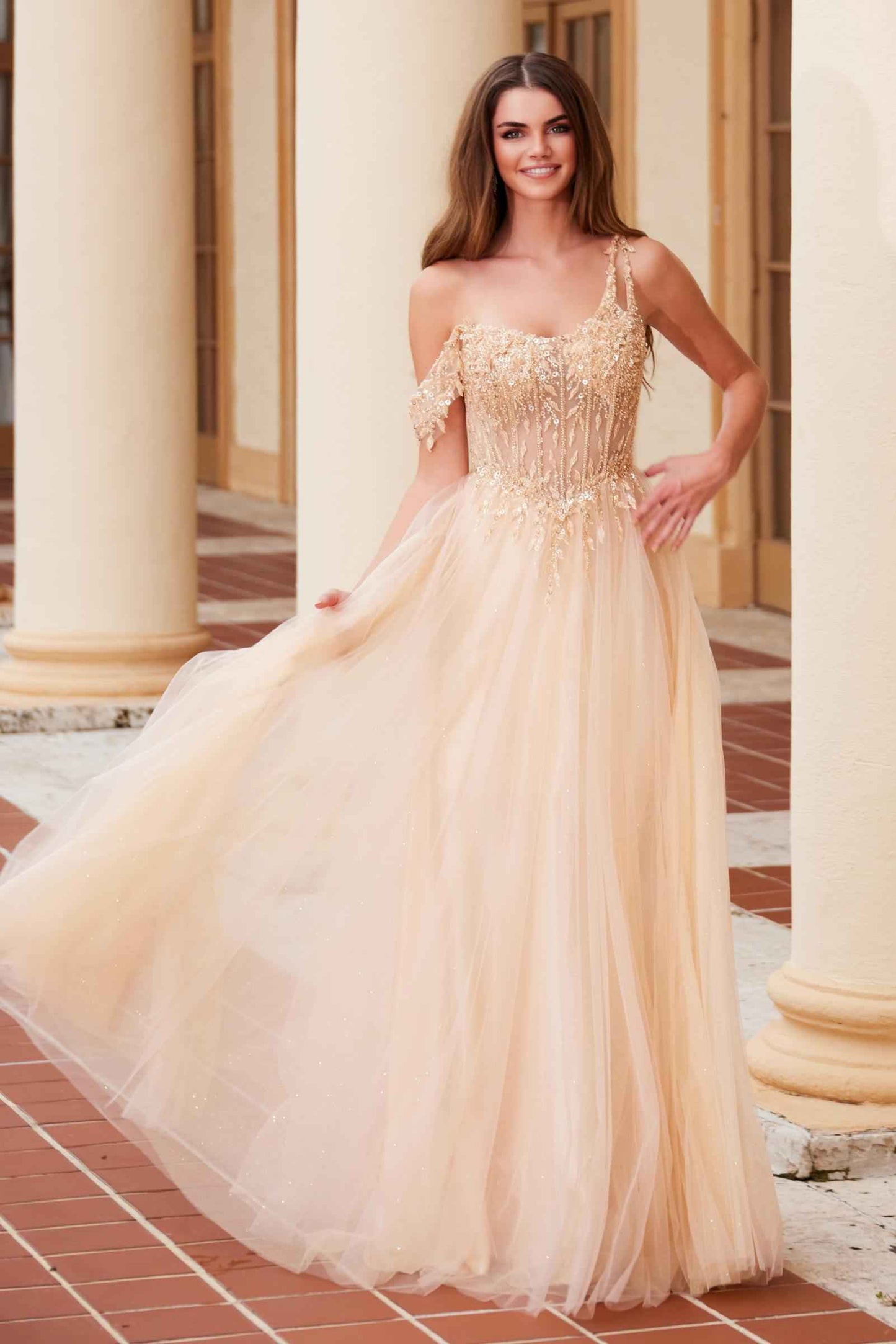 Nox Anabel F1567 Embroidered A-Line Sheer Boned Waistline Dress