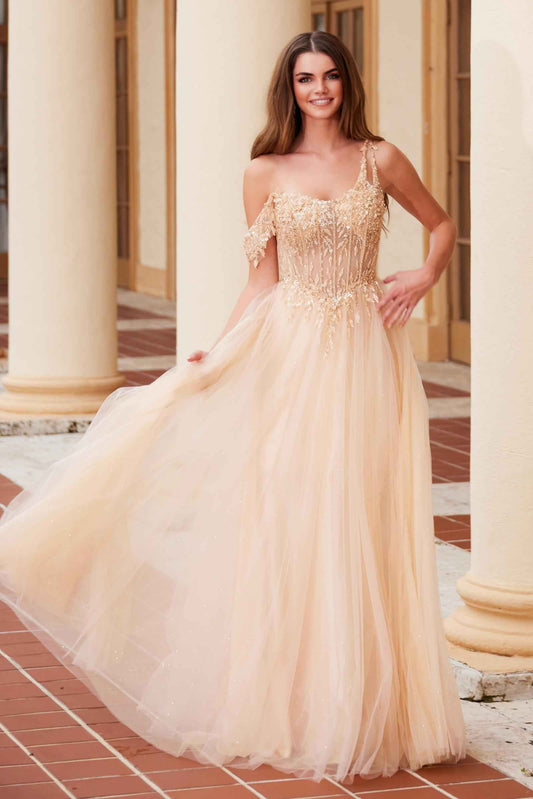 Nox Anabel F1567 Embroidered A-Line Sheer Boned Waistline Dress