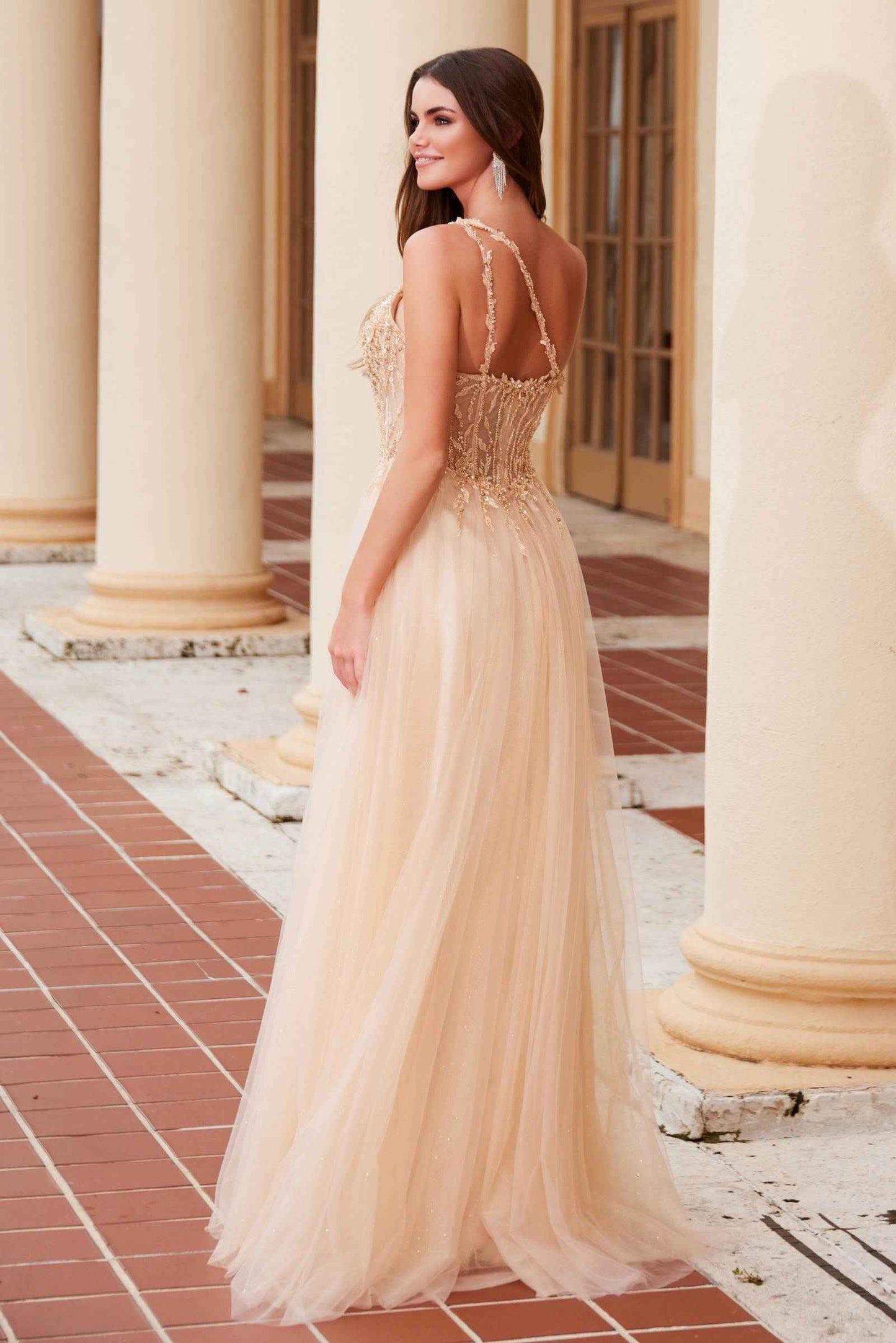 Nox Anabel F1567 Embroidered A-Line Sheer Boned Waistline Dress