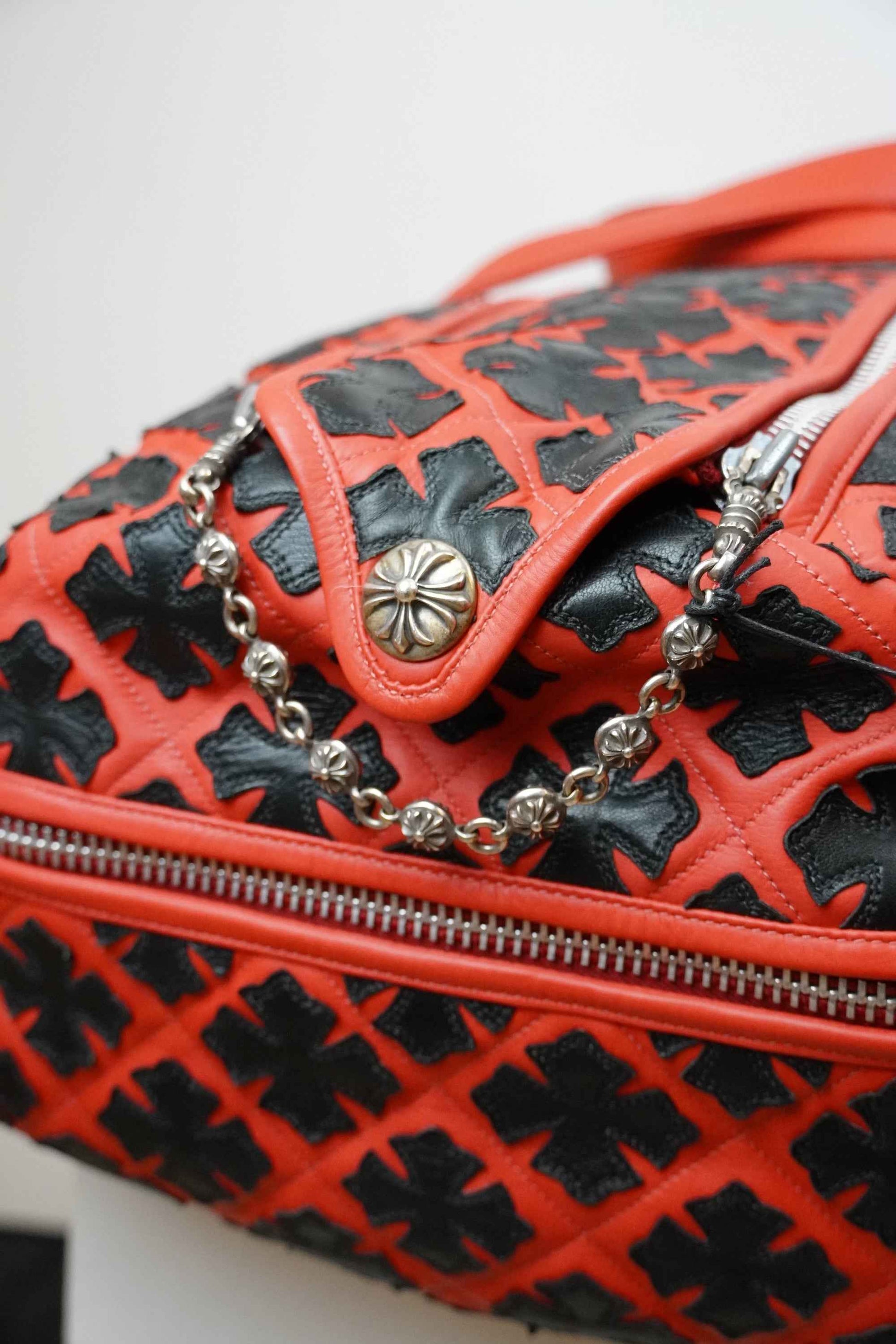 CHROME HEARTS LEATHER CROSS PATCH DUFFLE BAG - RED
