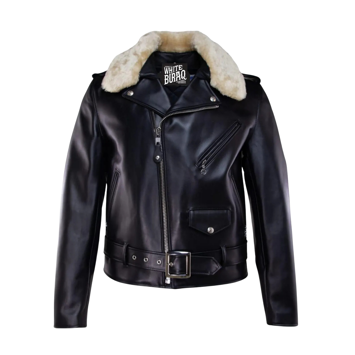 Men's Black Leather Biker Jacket with Sherpa Collar