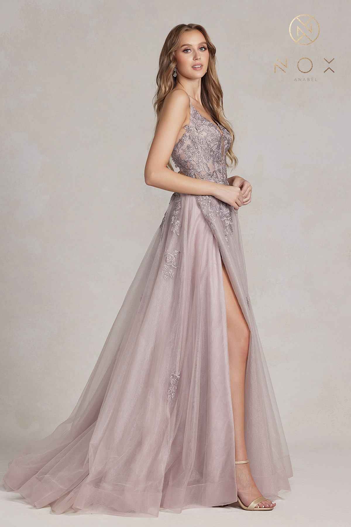 Nox Anabel G1149 Floor Length A-Line Tulle Gown with Slit