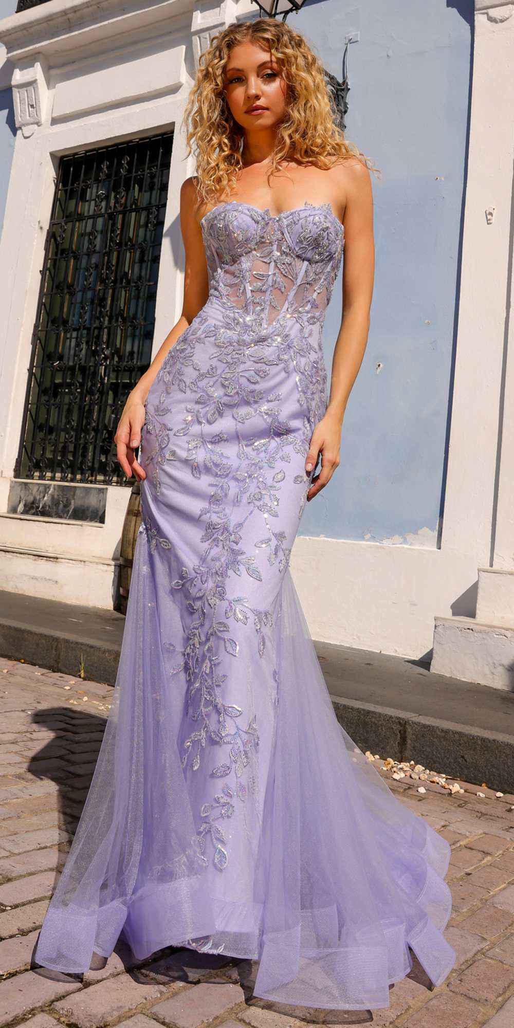 Nox Anabel G1258 Strapless Lace Applique Corset Bodice Mermaid Gown