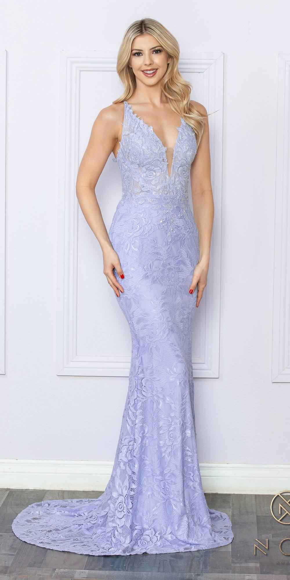 Nox Anabel G1353 Long Boho Inspired Embroidered V-Neck Mermaid Gown