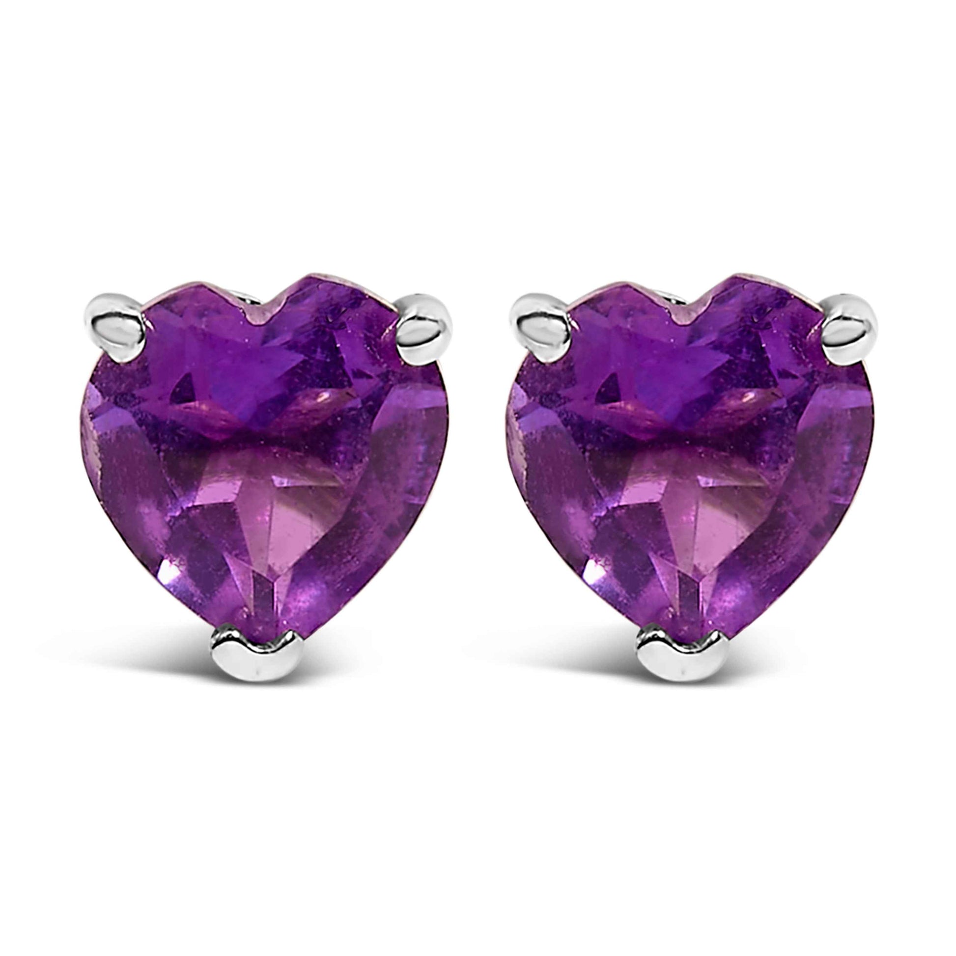 14K White Gold 5MM Heart Cut Purple Amethyst Solitaire Stud Earrings
