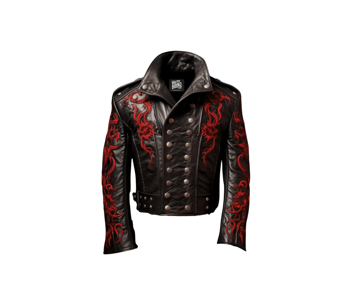 Men's Gothic Dragon Black Leather Jacket with Red Embroidery