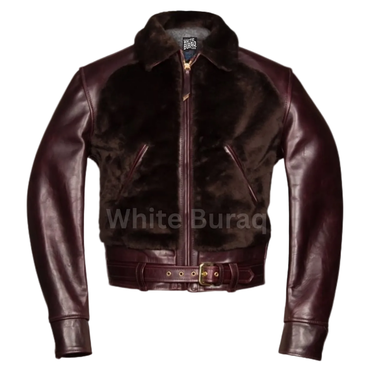 Men's Distressed Brown Vintage Leather Jacket with Mouton Fur Panels