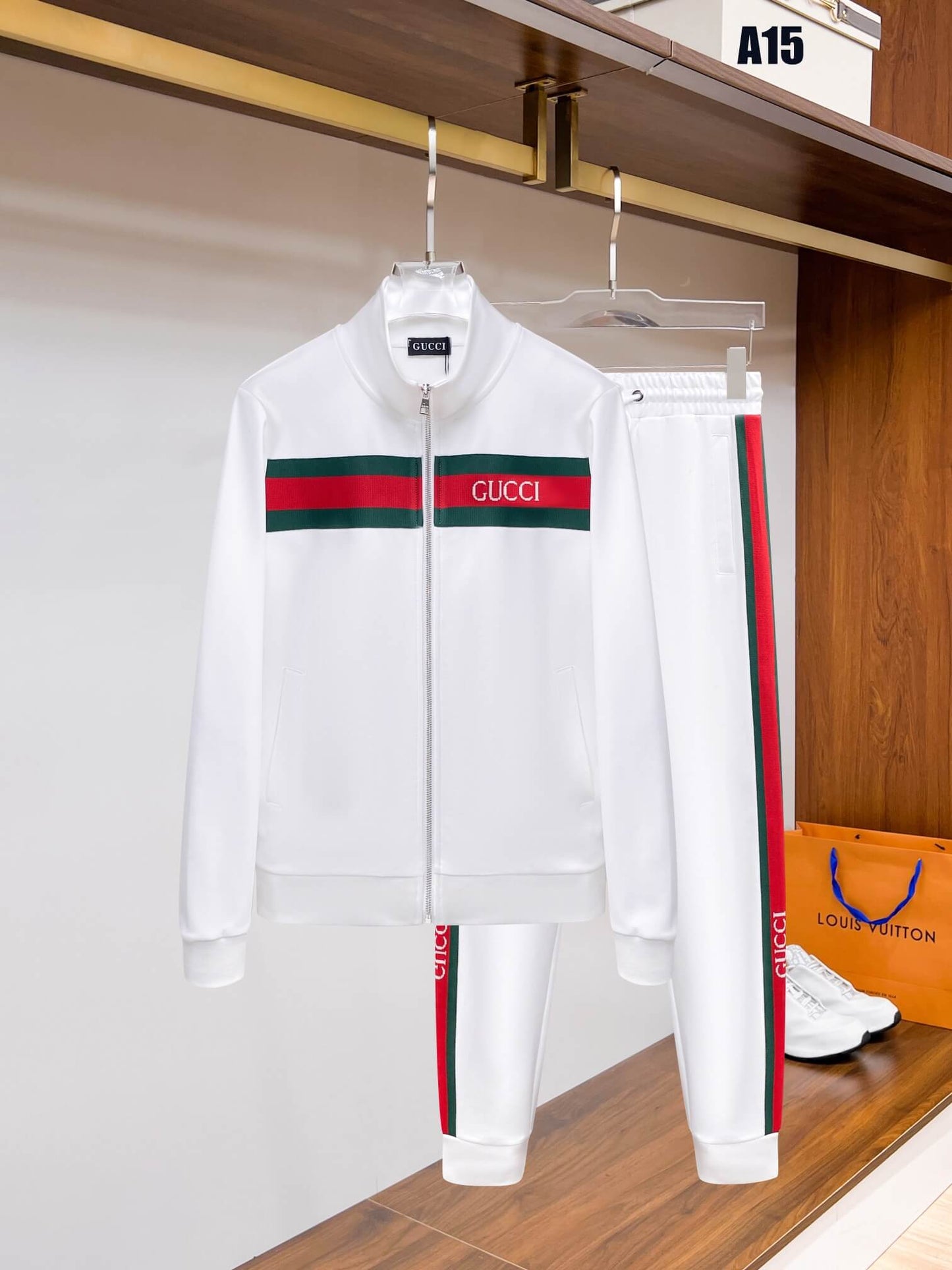 Gucci Web Stripe Technical Jersey Tracksuit White with Logo Chest Band CUSTOM