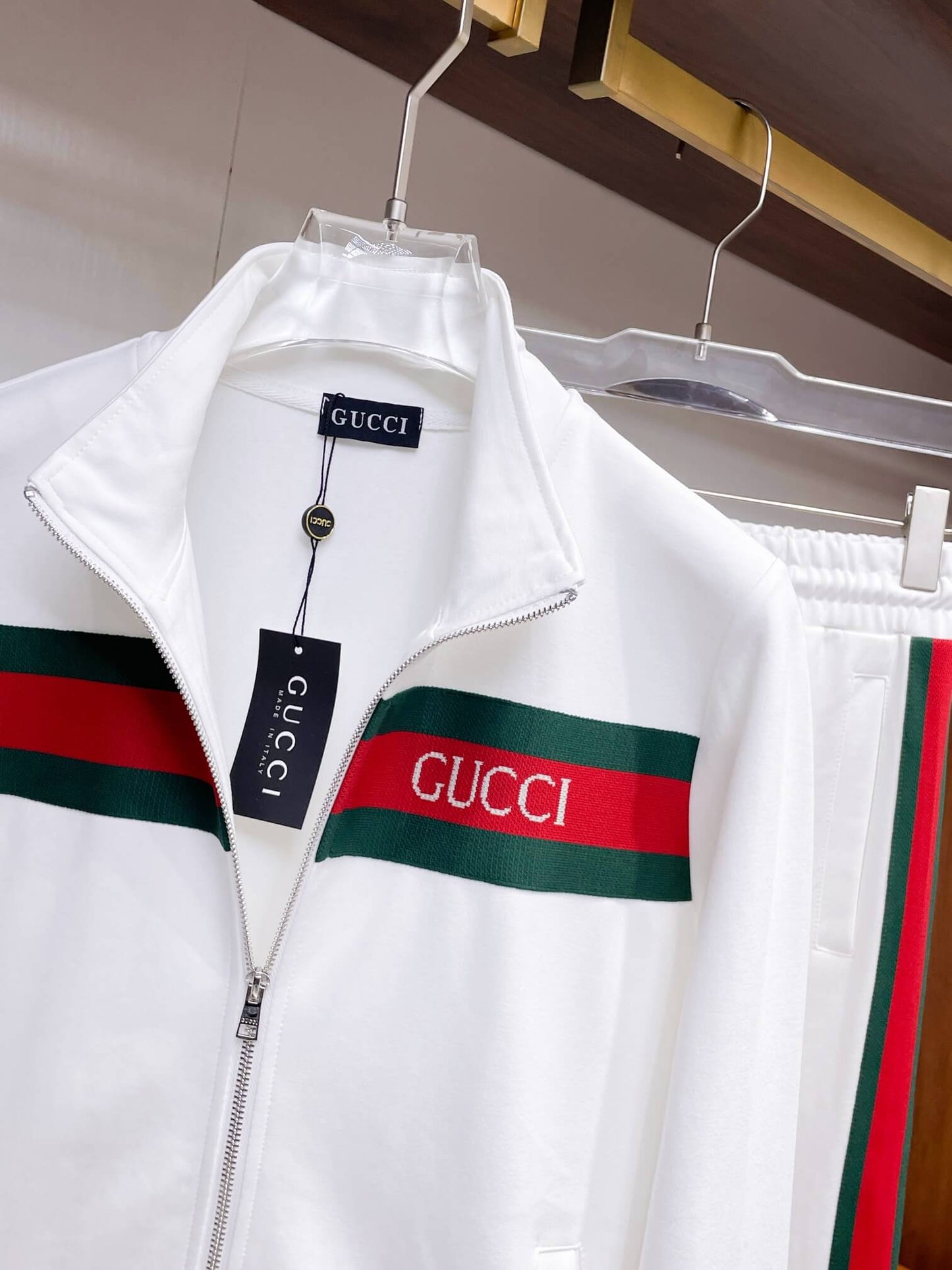 Gucci Web Stripe Technical Jersey Tracksuit White with Logo Chest Band CUSTOM