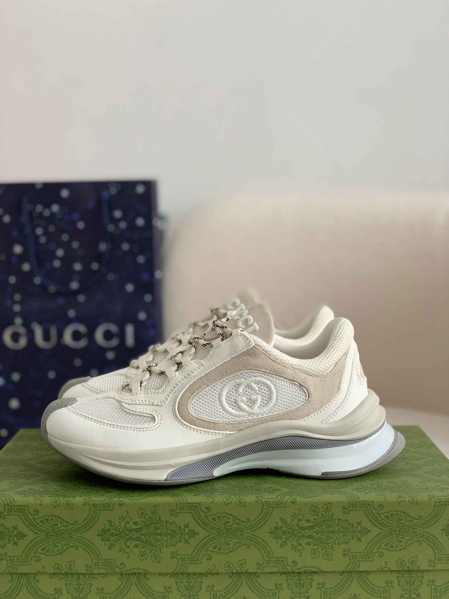 Gucci Men's Runner Sneaker – White & Grey Mesh Leath CUSTOM