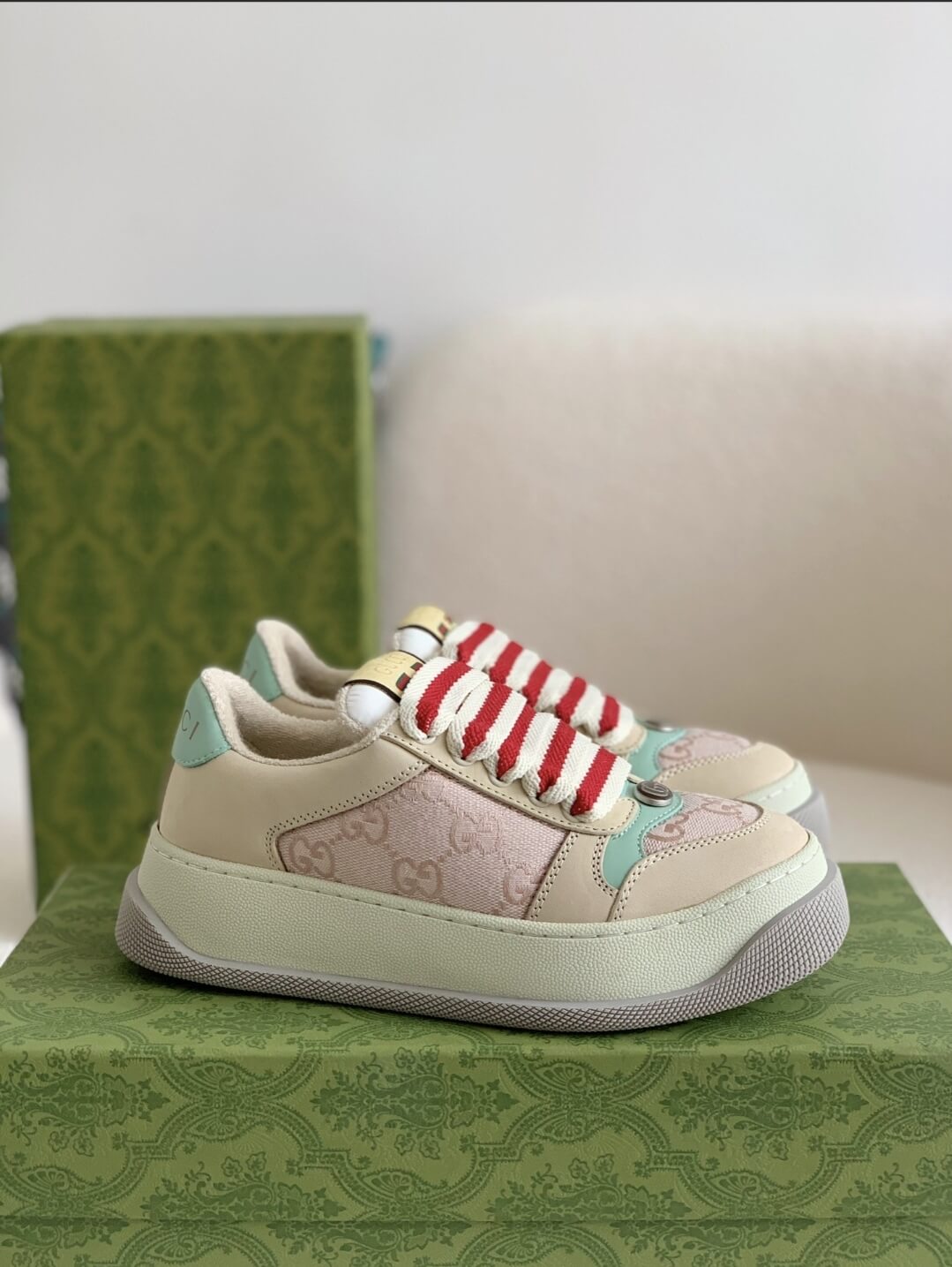 Gucci Re-Web Sneaker – Beige & Pink GG Canvas with Mint Accents CUSTOM