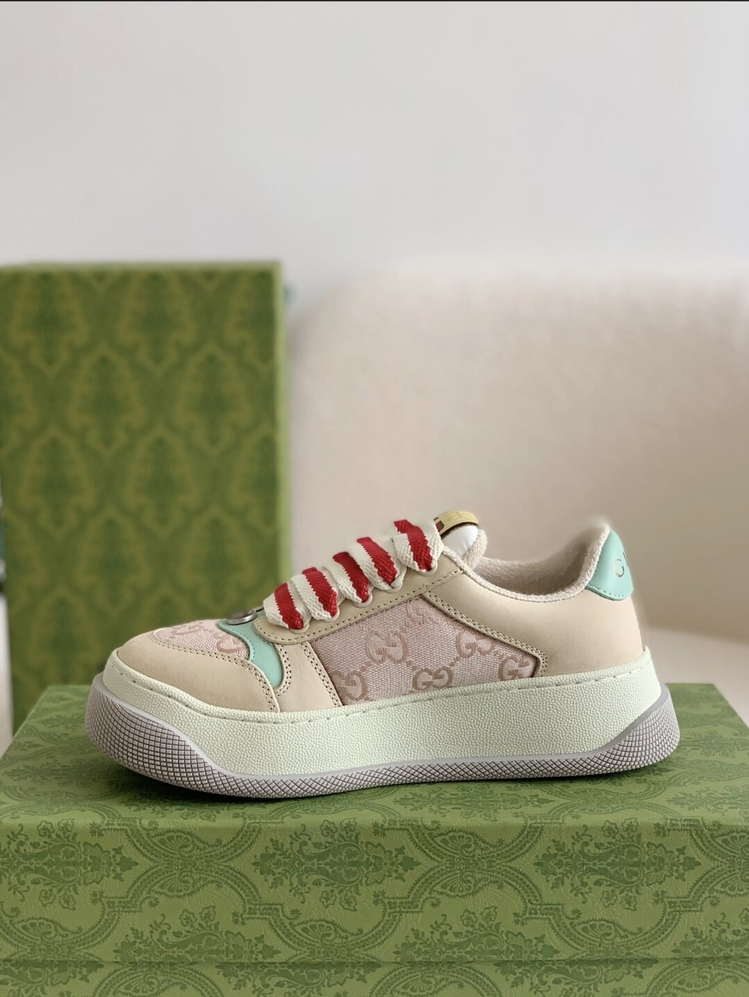 Gucci Re-Web Sneaker – Beige & Pink GG Canvas with Mint Accents CUSTOM