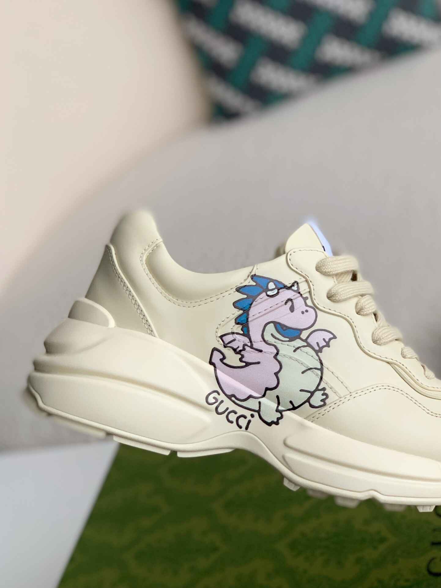 Gucci Rhyton Sneaker – Ivory Leather with Baby Dragon Print CUSTOM