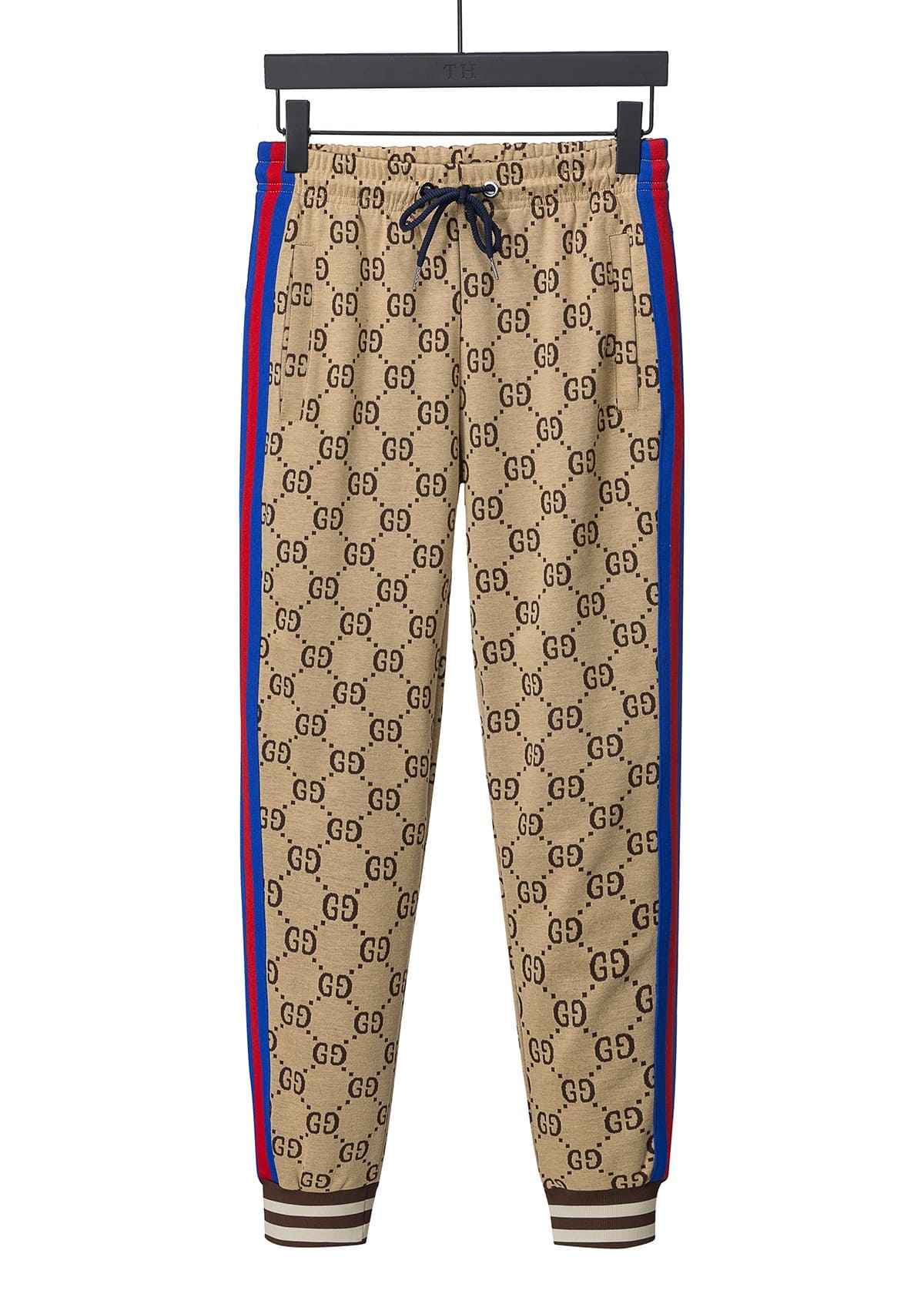 Gucci GG Supreme Logo Jacquard Tracksuit Beige Zip-Up Jacket and Jogger Pants Set with Web Stripe