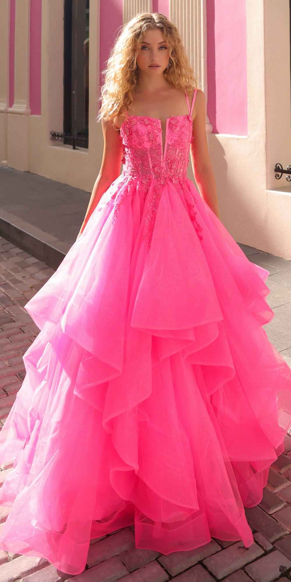 Nox Anabel H1351 Long A-Line Tiered Layered Ruffled Tulle Ballgown