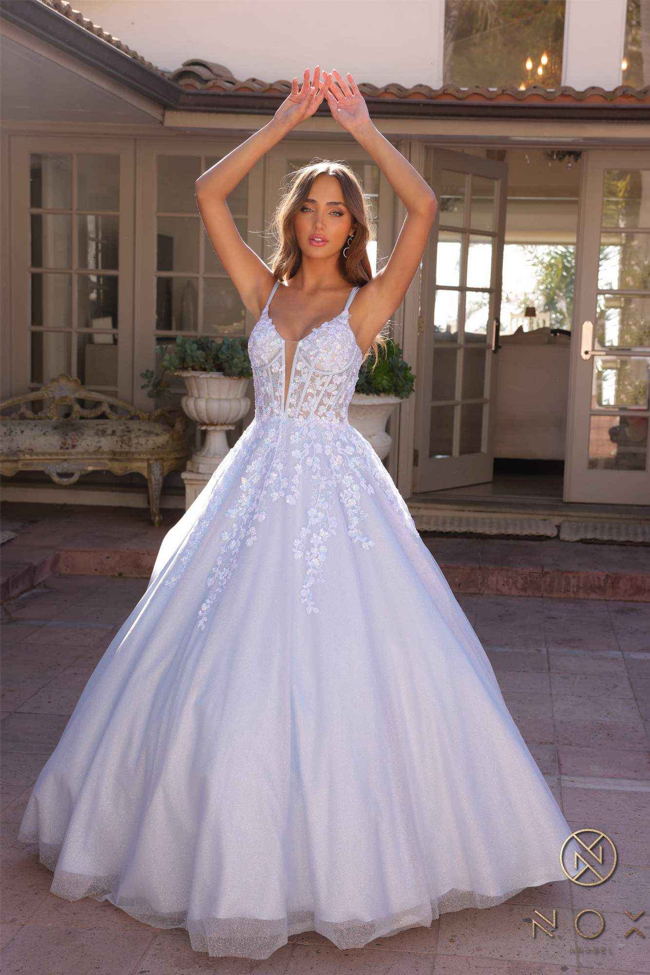 Nox Anabel H1357 Plunging Illusion Neckline Corset A-Line Ballgown