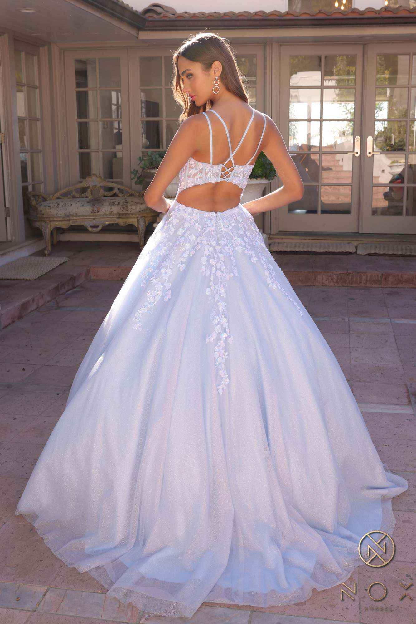 Nox Anabel H1357 Plunging Illusion Neckline Corset A-Line Ballgown
