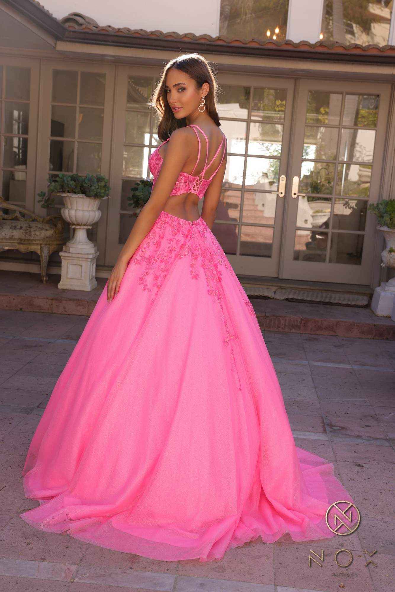 Nox Anabel H1357 Plunging Illusion Neckline Corset A-Line Ballgown